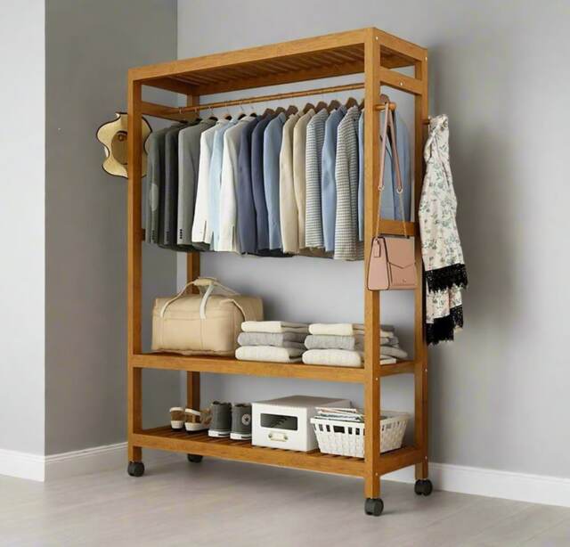 Heavy Duty Wooden Clothes Stand – Garment for Open Wardrobe with Wheels