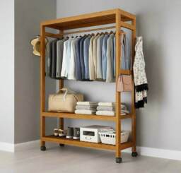 Heavy Duty Wooden Clothes Stand – Garment for Open Wardrobe with Wheels