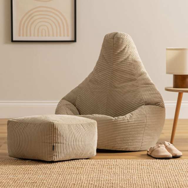 Dalton Cord Adults Bean Bag Recliner and Pouffe, Ready Filled Beanbag and Footstool Stone Beige Cream Natural 1