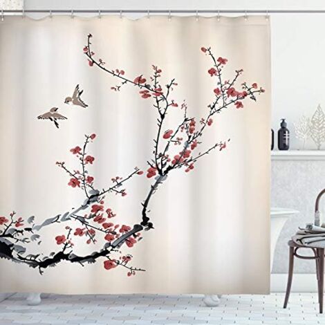 Natural Shower Curtain, Art Style Birds, Fabric Bathroom Decor with Hooks, 180180, Burgundy Black