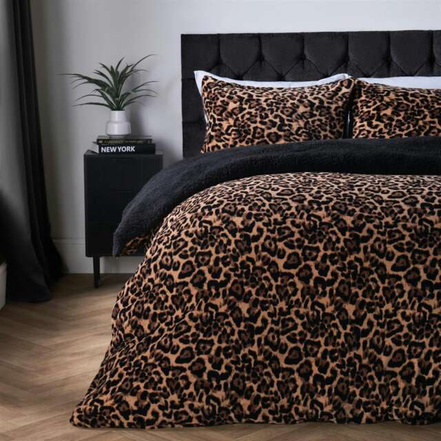 OHS Leopard Sherpa Fleece Duvet Cover Set - Natural Multi Multi Natural King
