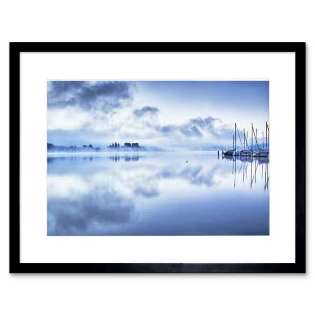 "Misty Lake Constance Cloud Reflection Photograph 9x7"" Black Framed Wall Art Print"