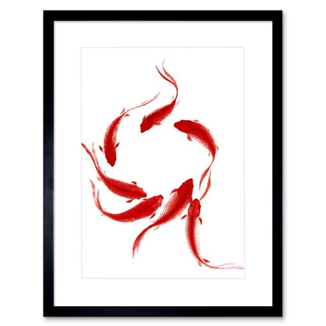 "Red Koi Carp Fish Circle Painting Bathroom 9x7"" Black Framed Wall Art Print"