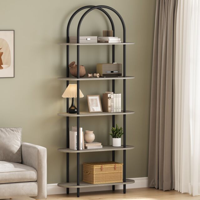 London Boutique Black & Graphite Grey 5-Tier Arched Semicircular Open Storage Bookshelf Heavy-duty Anti-rust Powder Coated Iron Frame Scratch-resistant Graphite MDF Layer Boards Slim Vertical Freestanding Display Shelving Unit Multi-purpose Organiser For Books, Plants, Toiletries, Decor Baskets Household Sundries Bedroom Bathroom Hallway Entryway Study Balcony Terraced House Small Flat 80 x 30 x 181 cm Single Storage Shelf