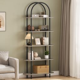 London Boutique Black & Graphite Grey 5-Tier Arched Semicircular Open Storage Bookshelf Heavy-duty Anti-rust Powder Coated Iron Frame Scratch-resistant Graphite MDF Layer Boards Slim Vertical Freestanding Display Shelving Unit Multi-purpose Organiser For Books, Plants, Toiletries, Decor Baskets Household Sundries Bedroom Bathroom Hallway Entryway Study Balcony Terraced House Small Flat 80 x 30 x 181 cm Single Storage Shelf