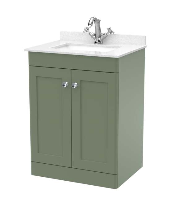Balterley Swynnerton Traditional 2 Door Floor Standing Vanity Unit with Marble Basin, Satin Green, 600mm