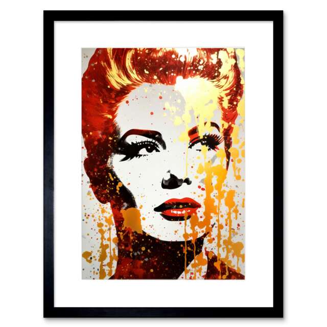 "Woman Red Lipstick Retro Glam Face Portrait Gold 9x7"" Black Framed Wall Art Print"