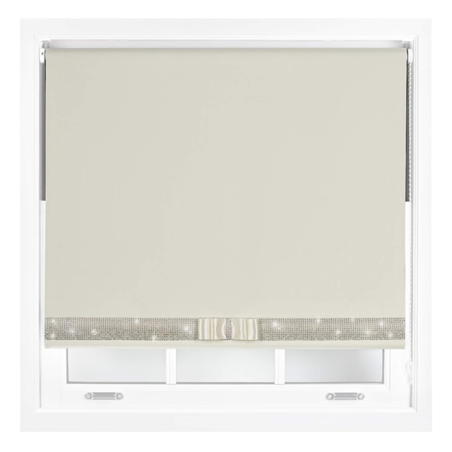 FURNISHED Blackout Roller Blinds with Diamante Trim and Bow Cut to Size Cream Cream (W) 150cm x (L) 210cm