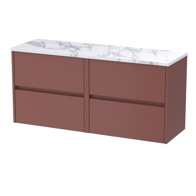 Balterley Chartley Contemporary Wall Hung 4 Drawer Vanity Unit with Carrera Marble Laminate Worktop, 1200mm, Smoked Red