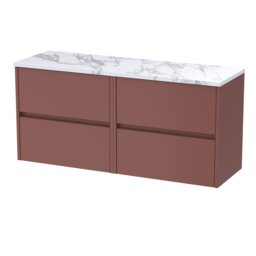 Balterley Chartley Contemporary Wall Hung 4 Drawer Vanity Unit with Carrera Marble Laminate Worktop, 1200mm, Smoked Red
