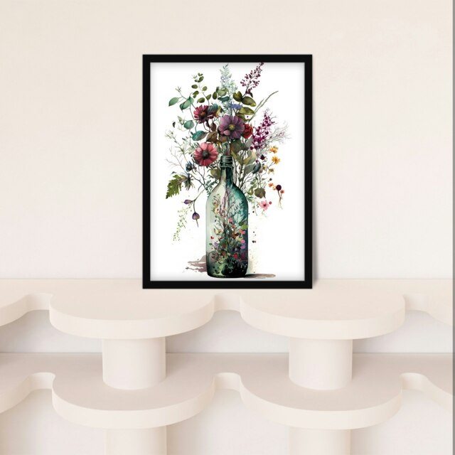 Elegant Floral Bouquet Wine Bottle Vase Home Decor Black Framed Wall Art Print A4