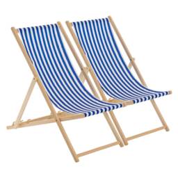 Harbour Housewares Wooden Deck Chairs - 2x Traditional Outdoor Folding Reclining Canvas Sun Lounger Chair Seat - Navy Stripe