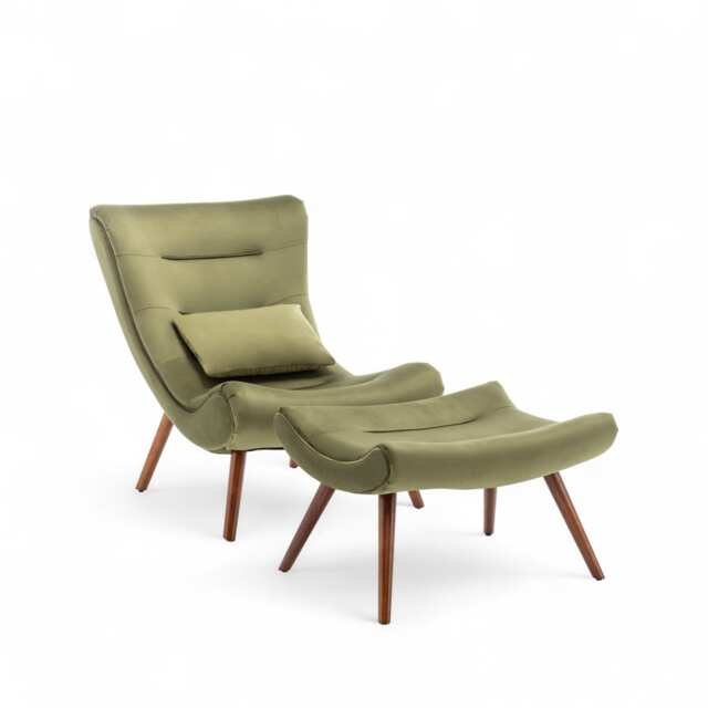 Velvet Sage Green Katia Accent Chair with Footstool