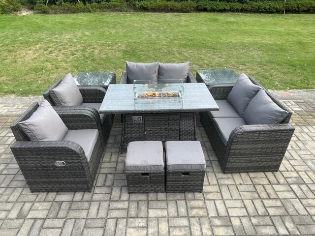 Fimous 8 Seater Rattan Garden Furniture Set Outdoor Propane Gas Fire Pit Table and Sofa Chair set with 2 Side Tables 2 Small Footstools