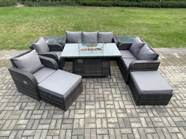 Fimous PE Wicker Outdoor Rattan Garden Furniture Set Propane Gas Fire Pit Table and Sofa Chair set with 2 Side Tables 2 Big Footstool