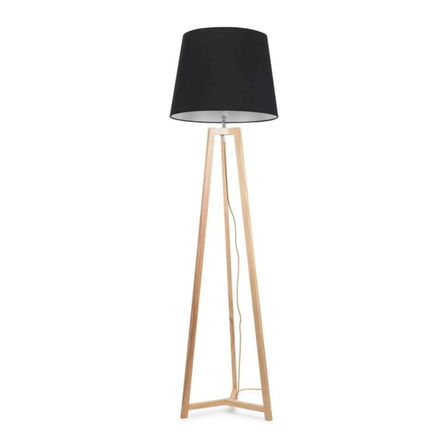 ValueLights Lottie Natural Wood Tripod Floor Lamp Black Taper Shade Black