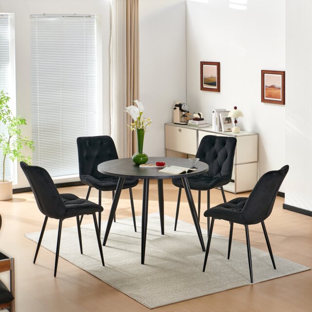 SONARA Black Marble Round Dining Table and Velvet Chairs Set, Modern 4 Seater for Dining Room