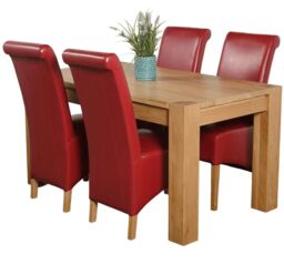 Kuba 150 x 85cm Chunky Medium Oak Dining Table and 4 Montana Leather Chairs Red Red