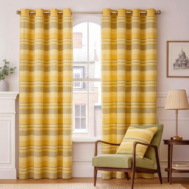 Homescapes Cotton Morocco Striped Yellow Curtain Pair - 167 x 182 cm