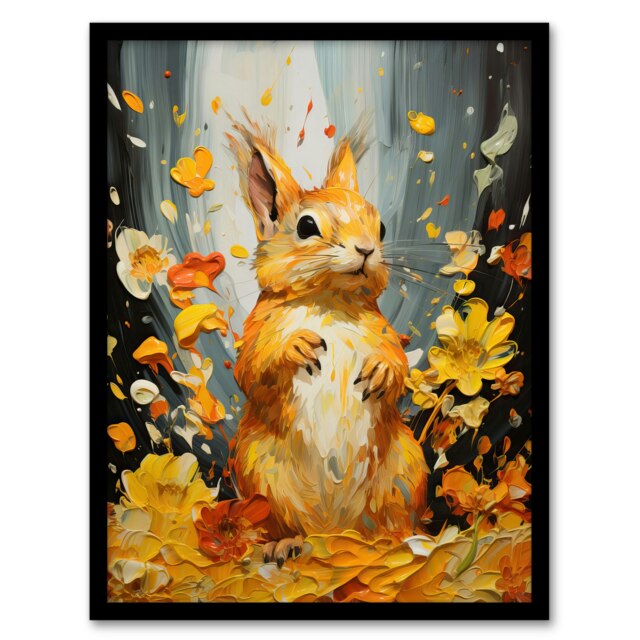 Autumn Again Red Squirrel Amber Leaves Orange Heavy Black Framed Wall Art Print A4