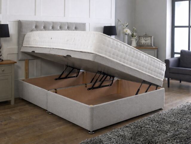 Side Lift Ottoman Silver Linen 5ft Kingsize Bed Set Headboard and Mattress Included