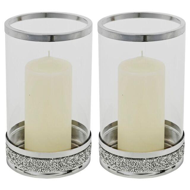 21cm Hestia Clear Glass Candle Tealight Pillar Holder Diamante Base Home Decor Clear Set of 2