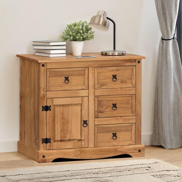 Mercers Furniture Corona Sideboard 1 Door 4 Drawer Cupboard Cabinet Small Solid Wood Pine Wooden with Mexican Styling