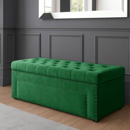 90cm Duke Ottoman Storage Box -Upholstered Blanket Box - Forest Green Plush Velvet Multifunctional Storage Box