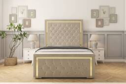 "Sloomy Sofia Gold Cream Plush Bed Frame With 50"" Upholstered Headboard 3' Single"