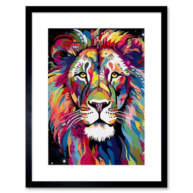 "Magnificent Lion Head Colourful Folk Art Portrait 9x7"" Black Framed Wall Art Print"