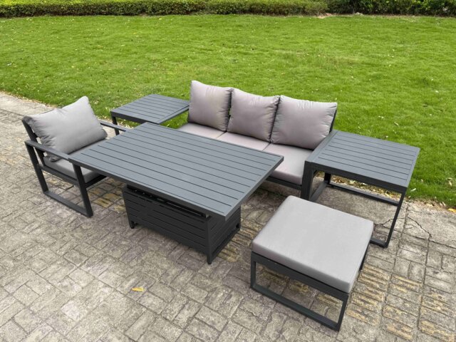 Fimous Aluminium Garden Furniture Set 6 Piece Aluminium Lounge Seating Adjustable Rising Lifting Dining Table Set with 2 Side Tables Big Footstool Dark Grey