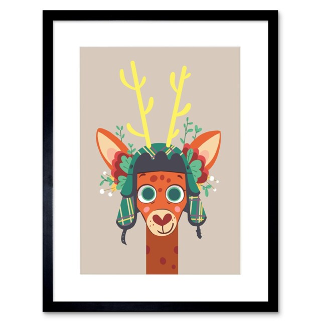 "Cute Deer Stag Scottish Tartan Hat Cartoon Kids Bedroom 9x7"" Black Framed Wall Art Print"