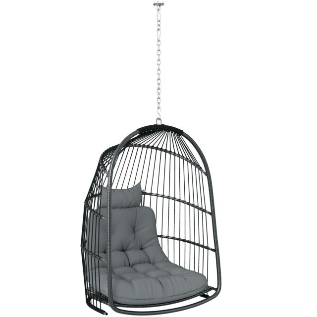 Outsunny Hanging Egg Chair, Foldable Rattan Garden Swing Chair with Installation Kit, Thickened Cushion and Headrest, Indoor Outdoor Hanging Egg Basket Seat for Patio, Porch, Dark Grey