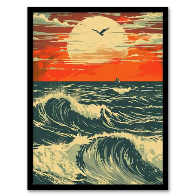 Ocean Waves At Sunset Seascape Bird Living Room Black Framed Wall Art Print A4