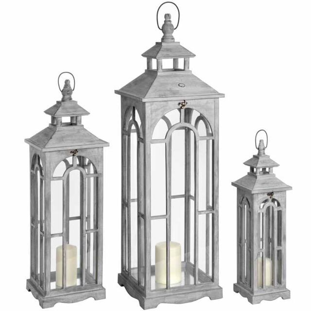 Set Of Three Wooden Lanterns With Archway Design - L31 x W31 x H104 cm Grey