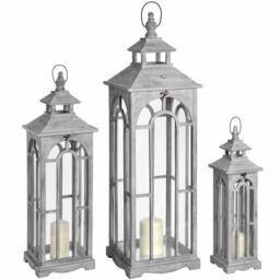 Set Of Three Wooden Lanterns With Archway Design - L31 x W31 x H104 cm Grey