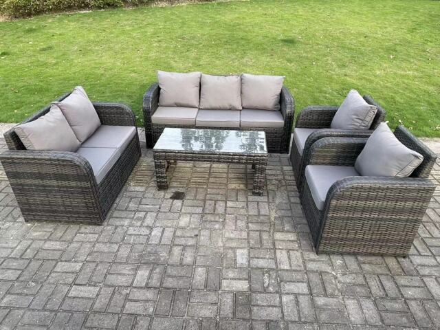 Fimous 7 Seater Dark Grey PE Wicker Rattan Garden Furniture Set Reclining Chair Love Seat 3 Seater Sofa Set Outdoor Rectangular Coffee Table