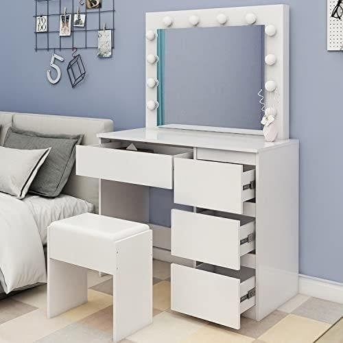 Dressing Table with Mirror and Stool Makeup Vanity LED Bulbs Mirror Hollywood Table White L94 x W42 x H140 cm