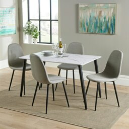 Aspen Rectangular Dining Table with White Marble Effect Top and 4 Stone Grey Upholstered Fabric Chairs - Modern Dining Set White White 1