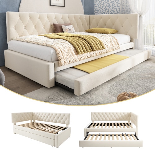 VILUXE 3ft Single Upholstered Daybed with Pull-Out Trundle, Reversible L-Shaped Headboard and Braked Castors, Beige Velvet, 90 x 190cm, No Mattresses