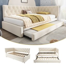 VILUXE 3ft Single Upholstered Daybed with Pull-Out Trundle, Reversible L-Shaped Headboard and Braked Castors, Beige Velvet, 90 x 190cm, No Mattresses