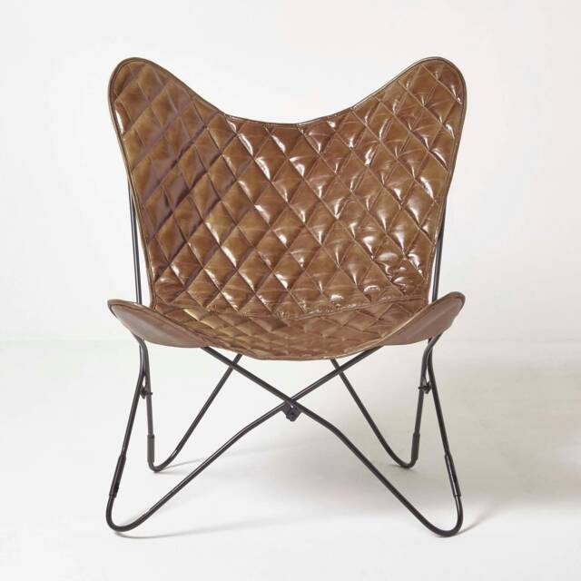 Homescapes Brown Leather Diamond Butterfly Chair Brown One Size