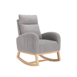 London Boutique Light Grey Teddy Fabric Rocking Chair Mid Century Modern Ergonomic Upholstered Lounge Armchair Nursing Relax Chair for Living Room Bedroom Office 76 x 69.5 x 44 cm 1 Pack