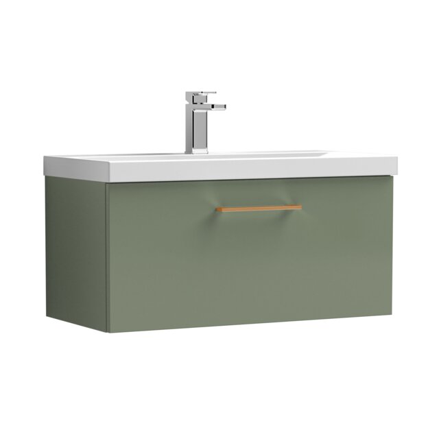 Balterley Wall Hung Bathroom 1 Drawer Vanity Unit and 1 Tap Hole Ceramic Basin, with Handle Green Satin Green
