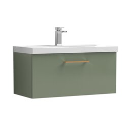 Balterley Wall Hung Bathroom 1 Drawer Vanity Unit and 1 Tap Hole Ceramic Basin, with Handle Green Satin Green