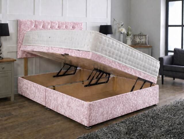 Side Lift Crushed Velvet Pink Ottoman Bed Set 6ft Superking