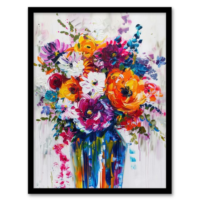 Colourful Flower Bouquet Vase Oil Living Room Black Framed Wall Art Print A4