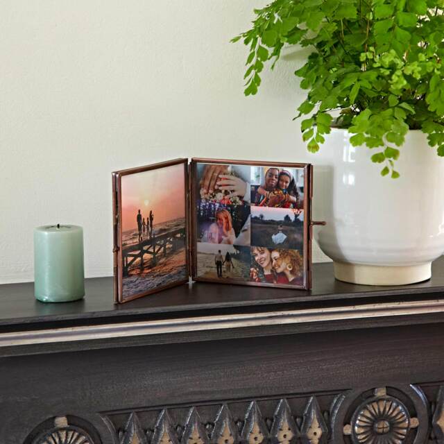 Antique Brass Recycled Glass Folded Double Photo Frame