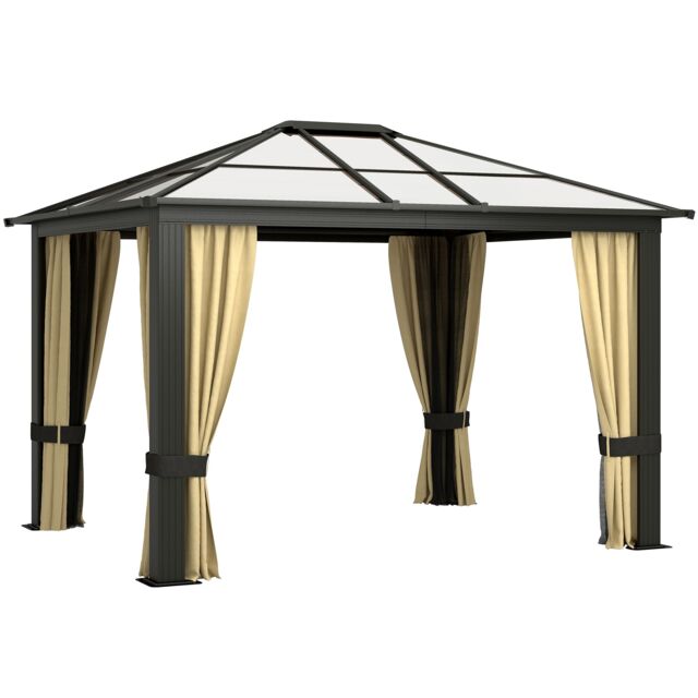 Outsunny 3 x 3.6m Hardtop Gazebo Canopy with Mosquito Netting and Curtains Brown