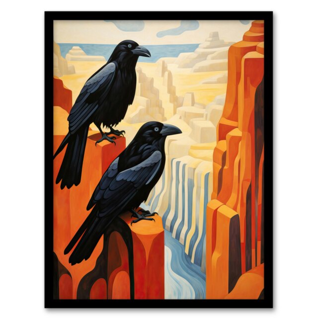 Grand Canyon Crows Birds Abstract Minimalist Black Framed Wall Art Print A4